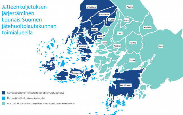 Kartta jätteenkuljetuksen järjestämisestä Lounais-Suomessa
